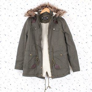 Fur Lined Faux Fur Hooded Utility Military Jacket